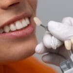 Dentist holds up veneer samples to women's teeth